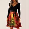 Women's Casual Fashion V Neck Long Sleeve Christmas Printed Party Vintage Long Dresses