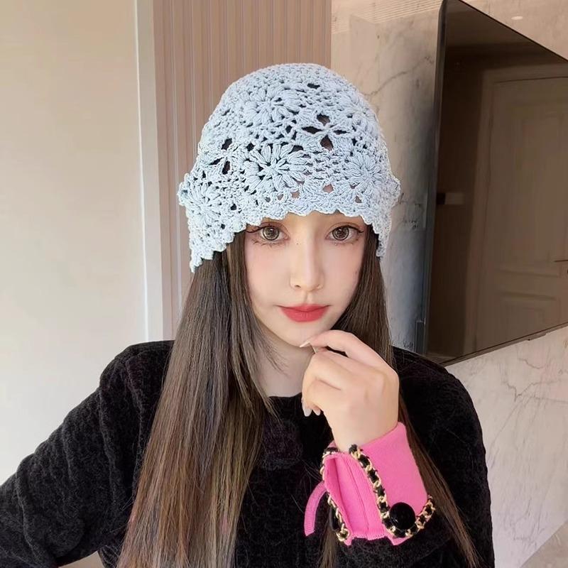 Women's Handmade Knitted Flower Hat Spring Autumn Thin Hollow Retro Literary Style Travel Baotou Stacking Cap