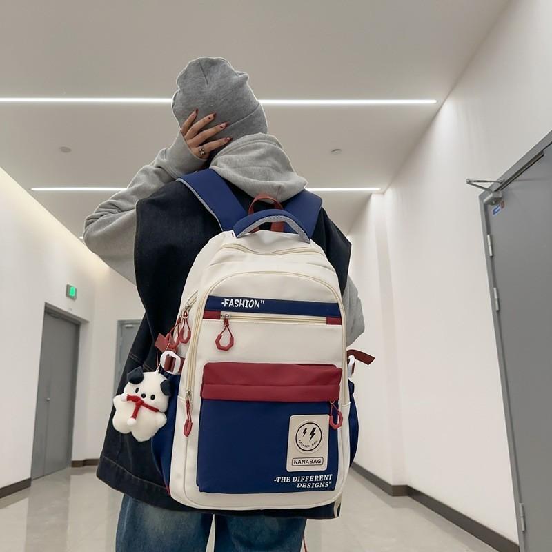 Retro Workwear Style Large Capacity Backpack Women Korean Version High School Students Color-blocking Trendy Shoulder Bag Men Travel Backpack