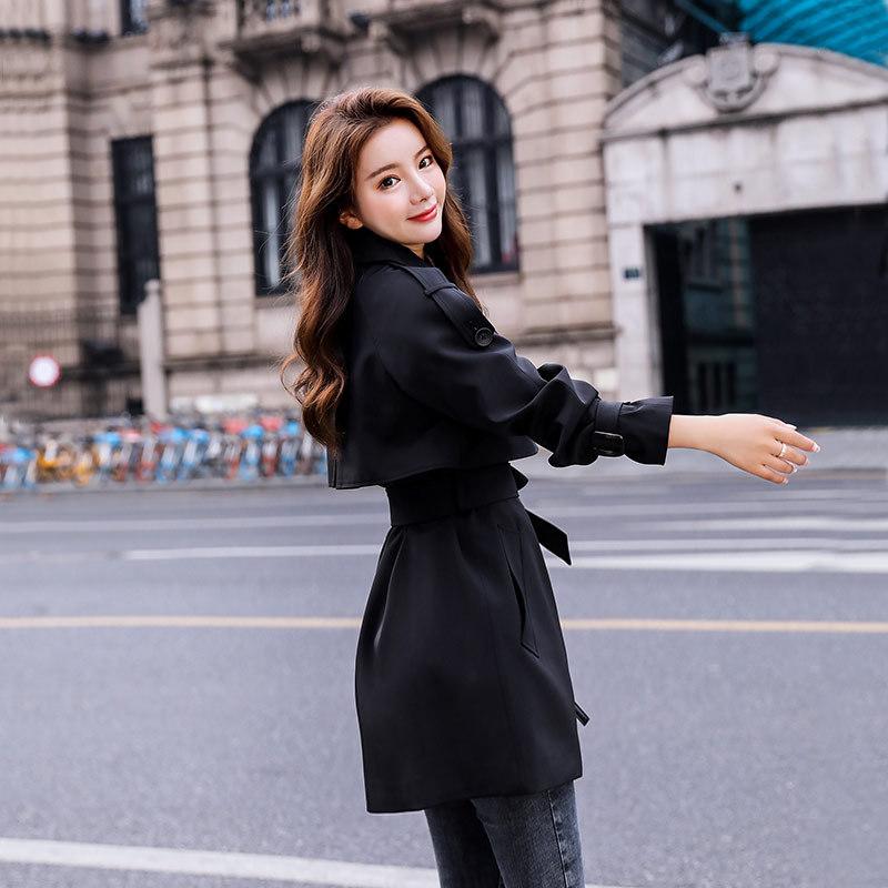 

Осенний однотонный корейский стиль с поясом темпераментный дорожный плащ средней длины черный плащ для женщин 2XL