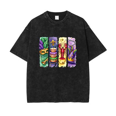 Übergroßes Mardi Gras Grafik Washed T-Shirt Sommer Baumwolle Karneval Print T-Shirts Feiertag Vintage Straßenparty Herrenkleidung