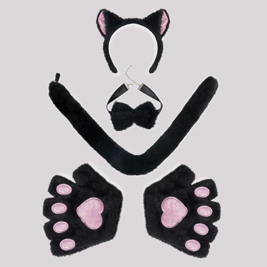 1 set Set de mănuși de pisică pentru cosplay cu coadă cu papion și bentiță reglabilă pentru cap moale de pluș de Halloween Accesorii de performanță pentru expoziții de benzi desenate Accesorii pentru ședințe foto