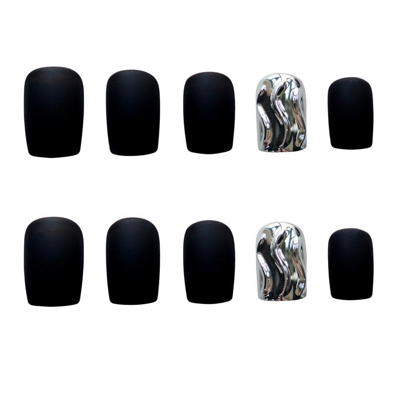 24Pcs Frosted Smoky Black Ripple Fake Nails Full Coverage Removable Press On Nails Finished Nail Stickers