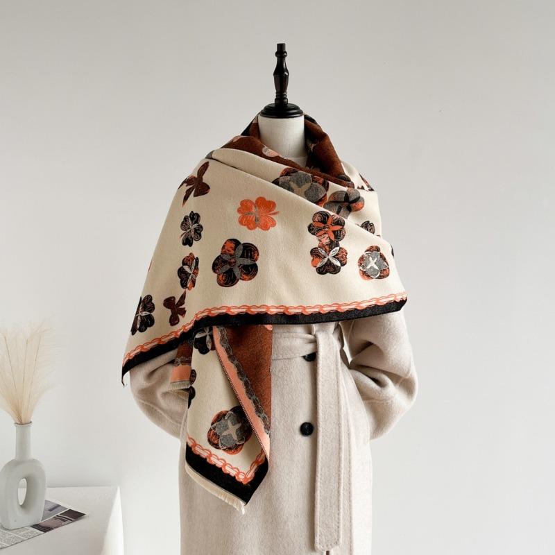 Elegant Camellia Double Sided Printed Warm Imitation Cashmere Scarf For Women