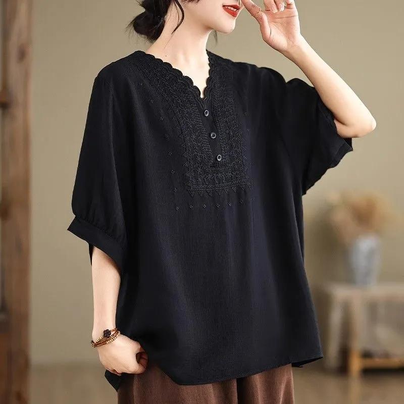 Women's Loose Khaki Half-Placket Ruffled Sleeve Blouse Casual Oversized Top