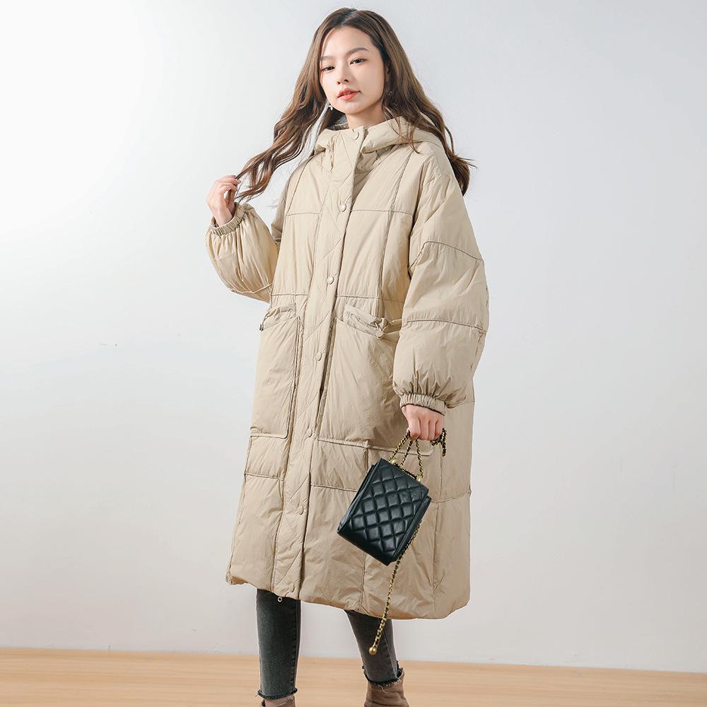 Feather 90 Down Medium and Long White Duck Down Thickened Solid Color Loose Retro Literary Down Jacket Women's Coat