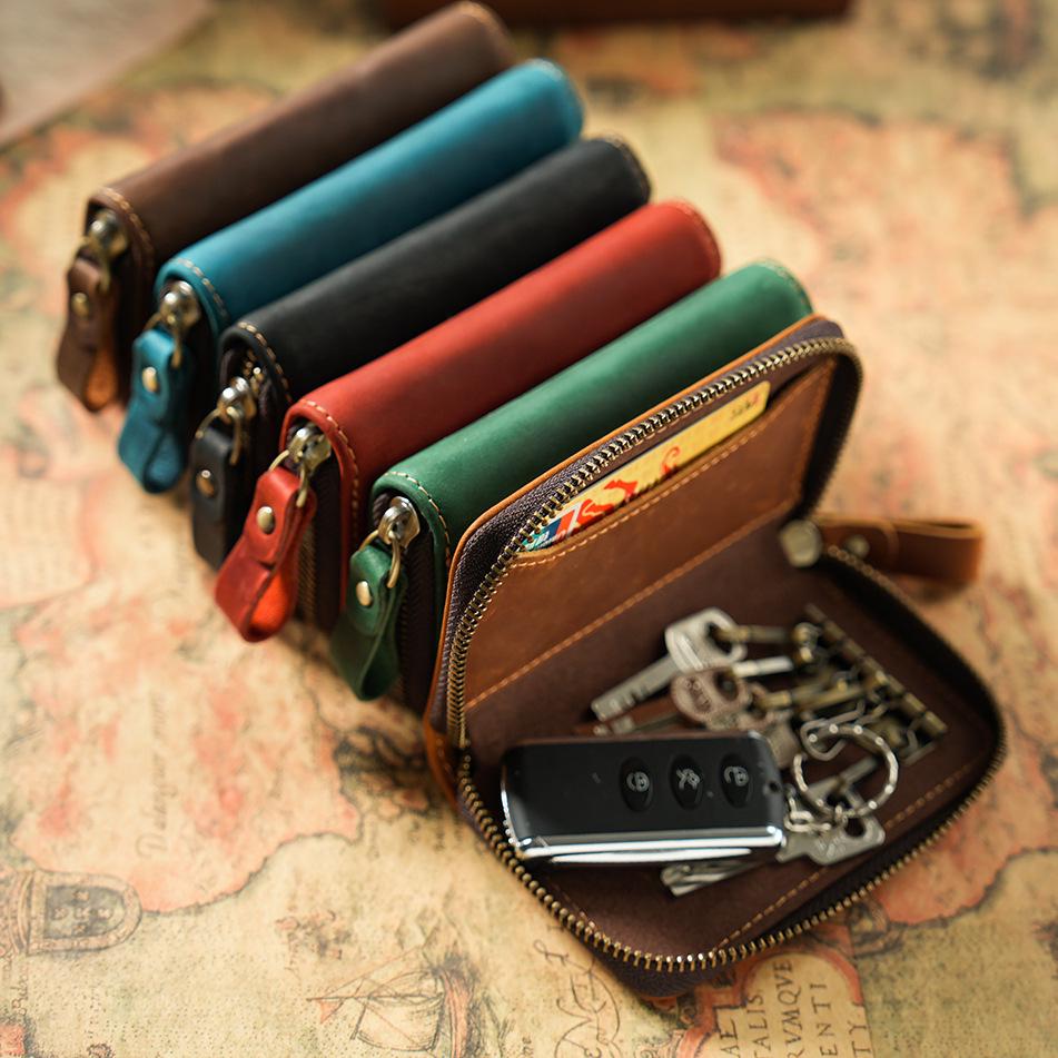 Crazy Horse Leather Car Key Holder - Top Layer Cowhide, Zipper Closure, Anti-Lost Hook, Convenient Design