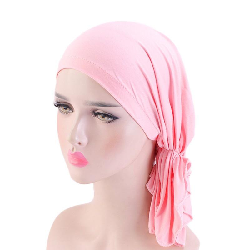 

Elastic Women Modal Cotton Ruffle Turban Caps Muslim Headscarf Bonnet Pre-Tied Hijab Headwrap Cap Soft Lady Hair Loss Chemo Cap рожевий