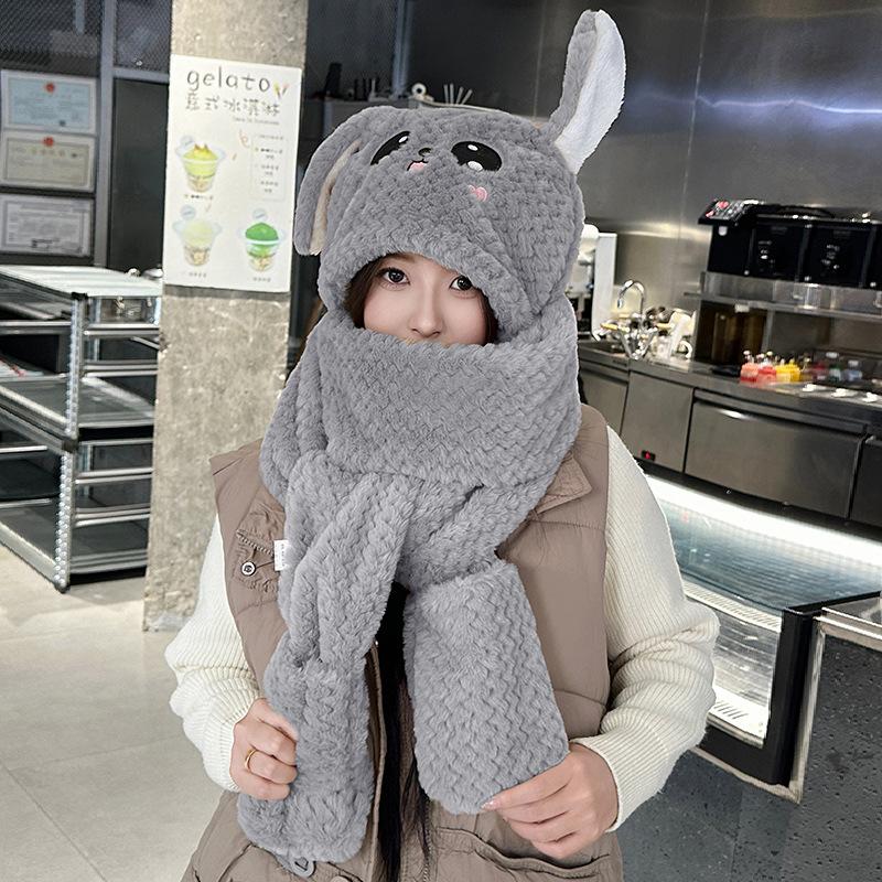 Rabbit ears move hat lady autumn and winter cute thickened warm scarf gloves integrated hooded pullover