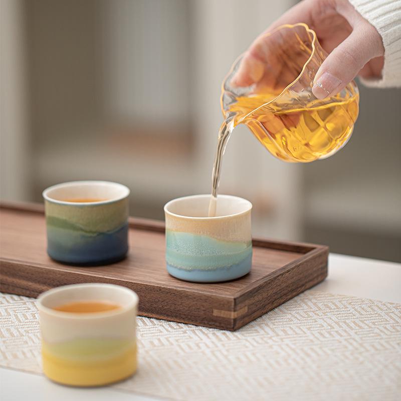Embroidered Mountains & Rivers Ceramic Tea Cup Set - 4 Personal Tasting Cups, Ideal for Corporate Gifts, with Gift Box
