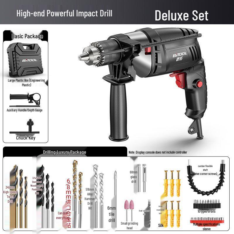 220V Multifunction Handheld Electric Drill & Screwdriver with Pistol Grip, Hammer & Power Tool Functions.