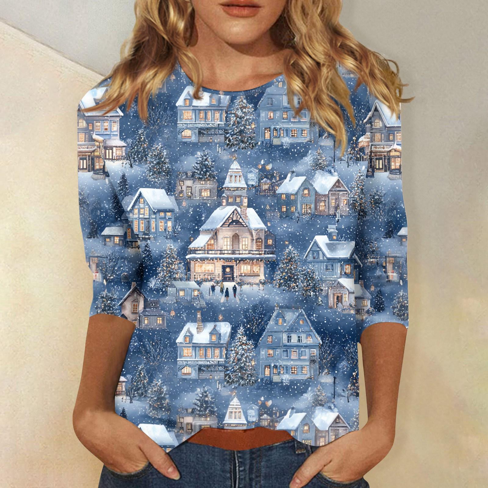 

Женские топы Рубашка с рукавом три четверти V-образный вырез Свободная повседневная рубашка Футболка с принтом XL небесно-голубой