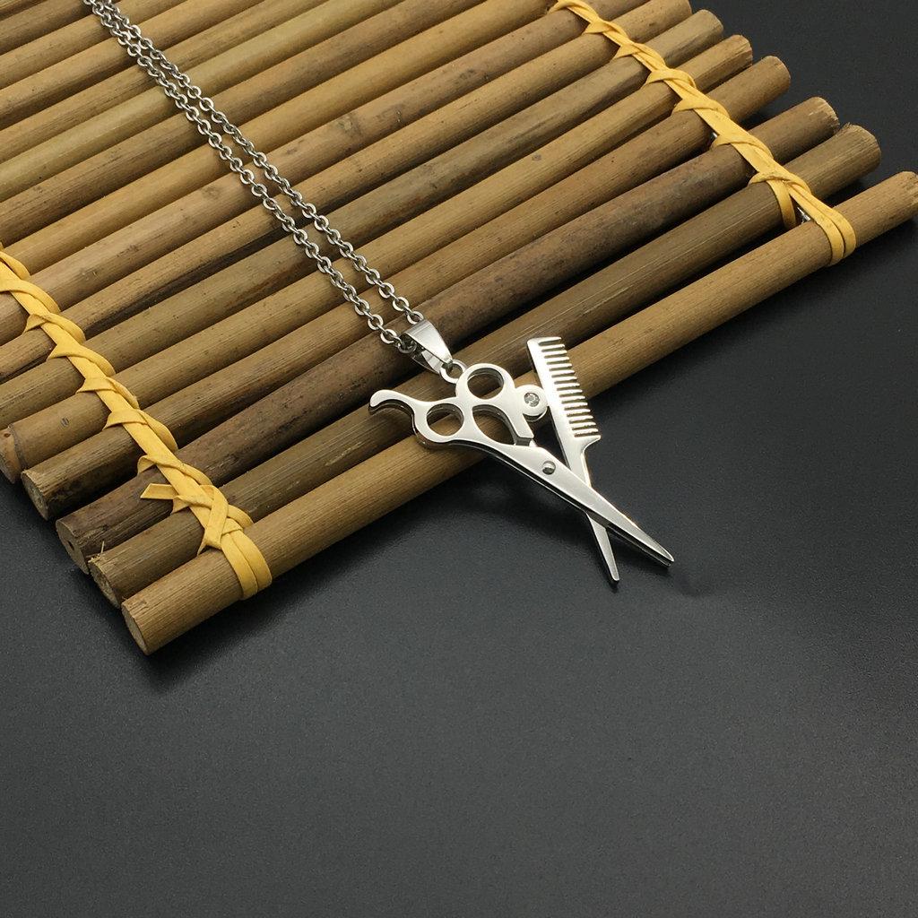 Stainless Steel Hairdresser Scissors Comb Necklace Pendant - DG-022