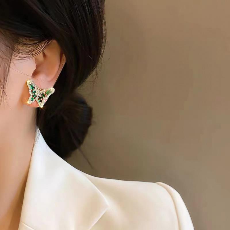 Micro-Inlaid Zircon Butterfly Stud Earrings: Green Gemstone, Elegant & Versatile Design for Women, European & American Style