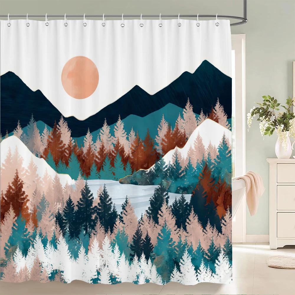 Japanese-style Forest Sun Moon Printed Fabric Shower Curtains landscape Waterproof Bathroom Curtain Bathroom Decor with 12 Hooks