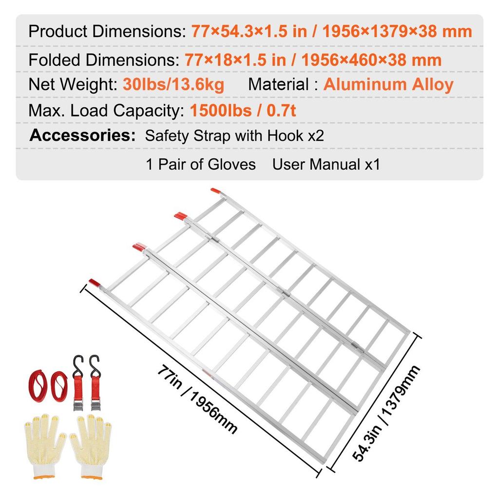 Aluminum Ramps, 1500 Lbs, Tri-Fold Ramp with Load Straps, Folding Loading Ramp for Motorcycle, Tractor, ATV/UTV, Trucks, Lawn Mower, Snow Blower, 77"L