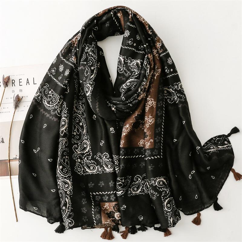 Unisex Autumn/Winter Scarf: Soft Cotton-Linen & Silk Feel, Paisley, Tassel Design - Ideal Travel Shawl.