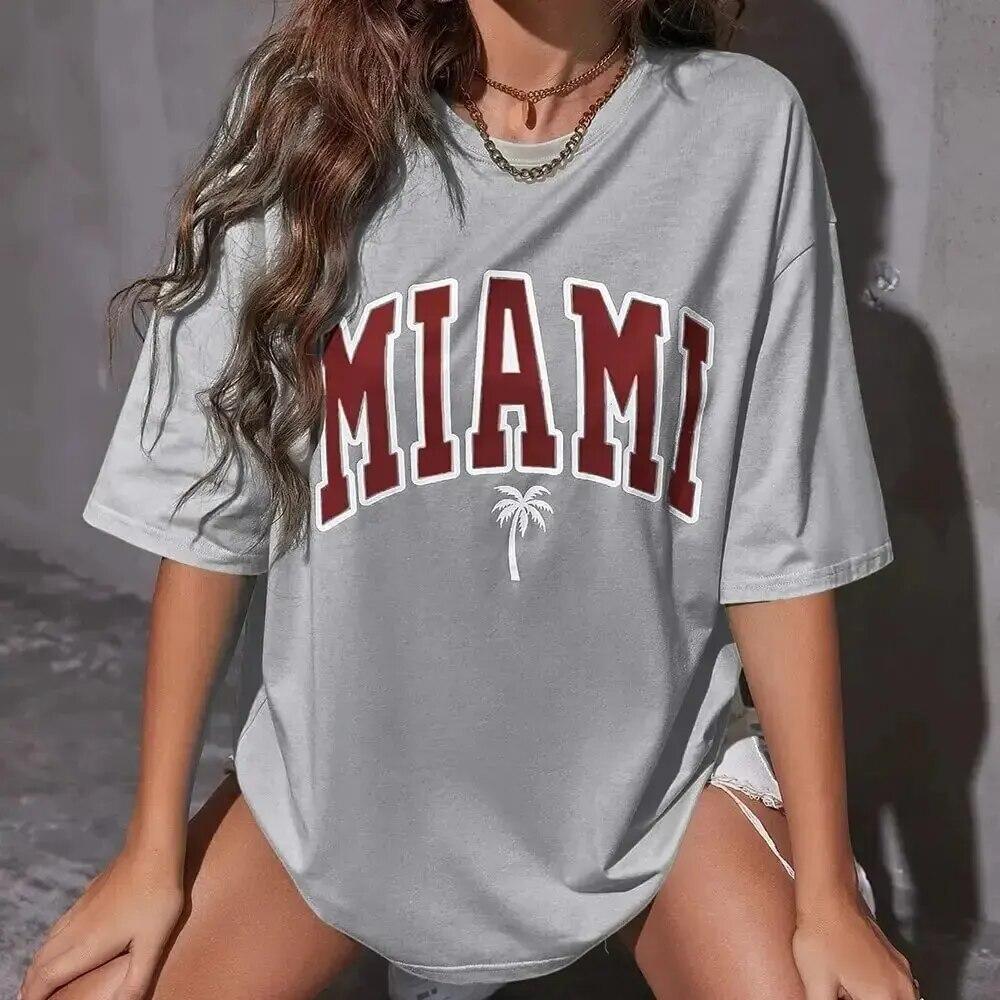 Woman Cotton TShirts Miami Coconu Tree Beach Prints Casual ONeck Short Sleeve Fashion Oversize Clothing Simple Female Tops