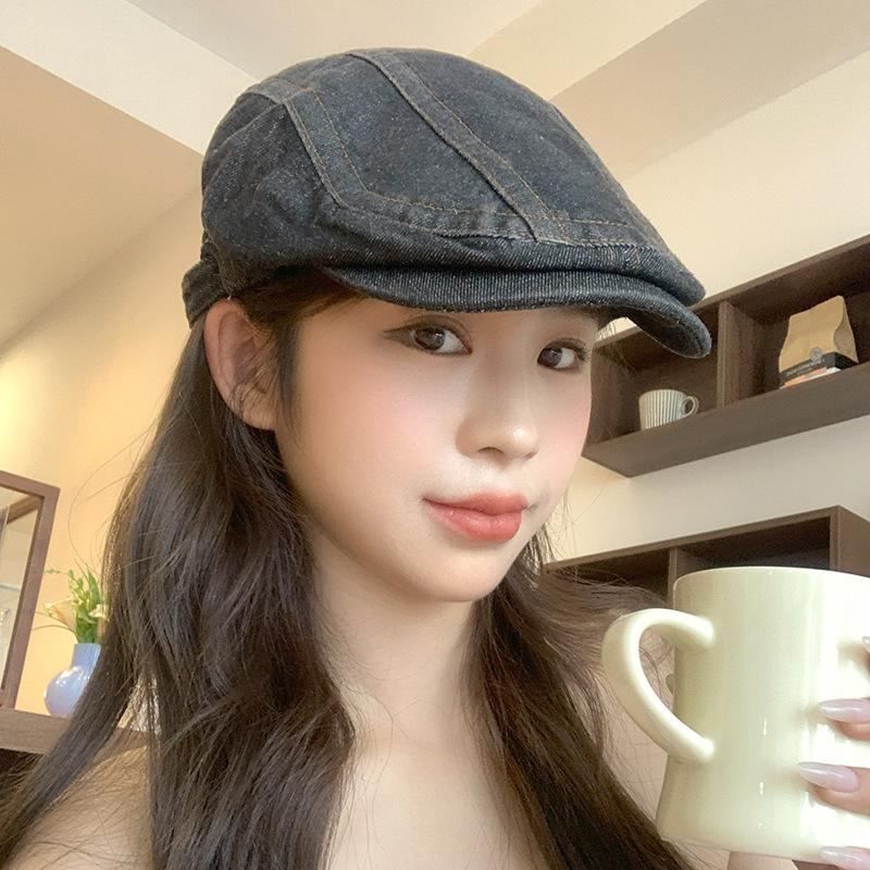 Summer Japanese washed Denim Front Hat for Women with Versatile Retro Big Head Circumference Showing Face Little Painter Hat Wearing Beret