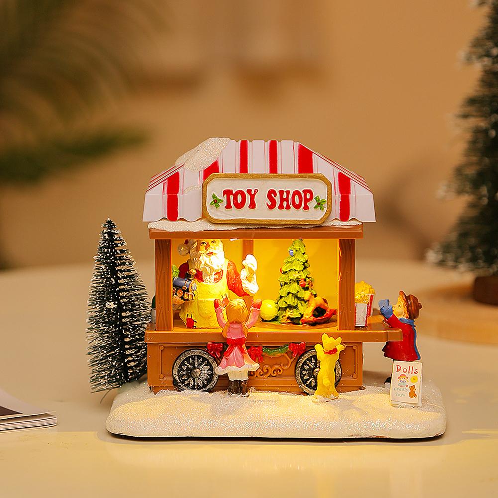 LED Christmas Music Popcorn House Lighted with Christmas Tree Resin Christmas Commissary Figurine Ornaments Xmas Decor and Gifts