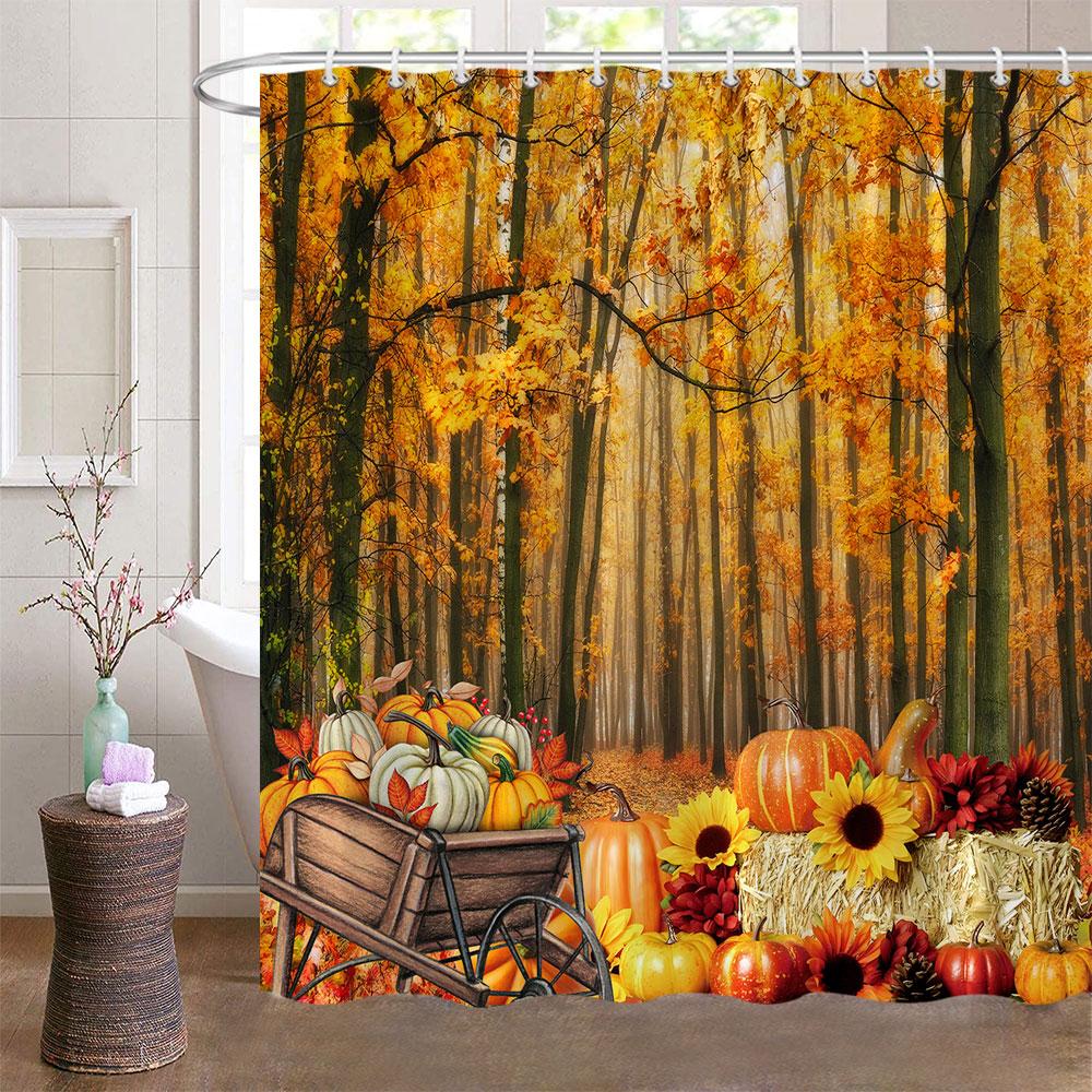 Podzimní sprchové závěsy do koupelny Podzimní sklizeň dýní Statek Den díkůvzdání Halloween sprchová vana s háčky Výzdoba koupelny