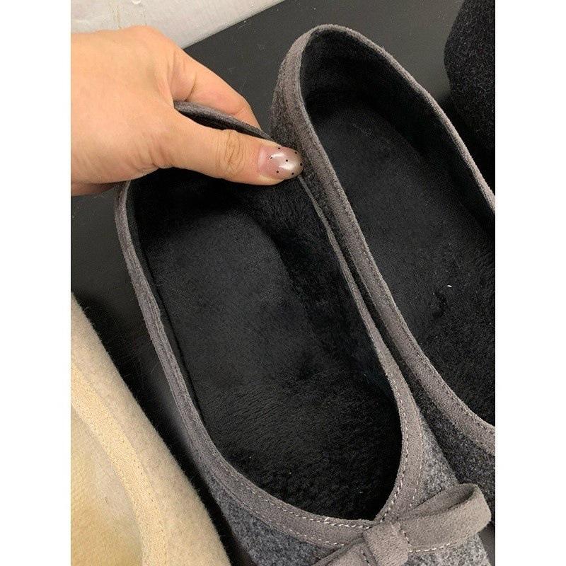 Bow square head shallow mouth single shoes thick heel commuter shoes 2025 autumn and winter plush shoes