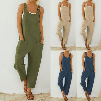 Women Loose Style Jumpsuit Solid Color U-shaped Collar Sleeveless Overalls With Pockets