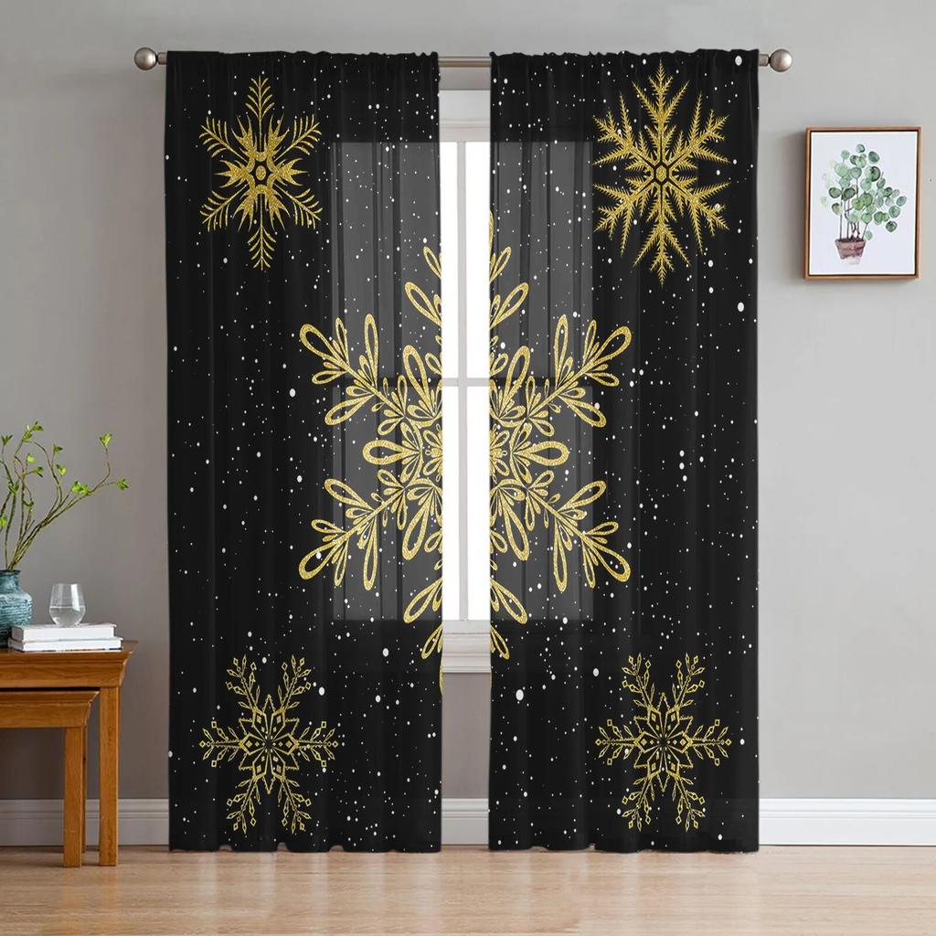 Christmas Black Yellow Snowflakes Bedroom Transparent Sheer Curtains Holiday Decoration Window Voile Tulle Curtain