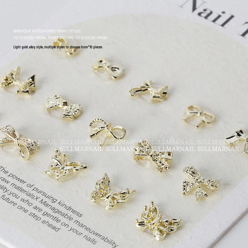 Golden Butterfly 3D Nail Art Set - 10 Pieces of Light Gold Ribbon Bow Decorations