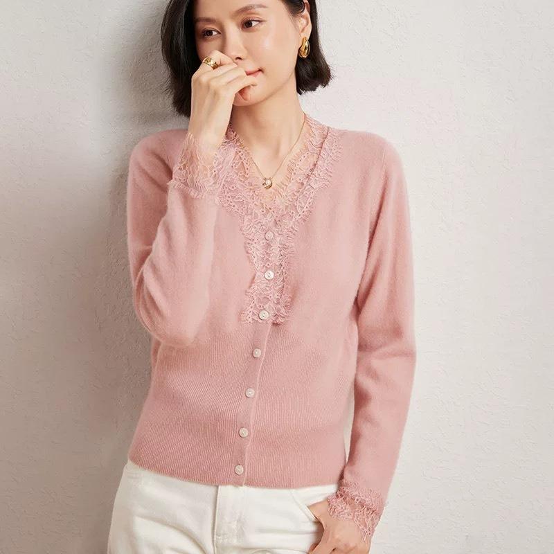 Lace Splicing V-neck Knitted Cardigan Jacket Women's Outer Knitted Sweater Women's Autumn and Winter Sweater with Bottoming Shirt Top