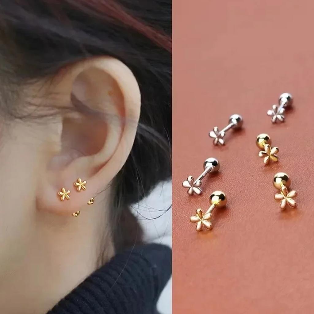 Simple Stainless Steel Golden Flower Small Stud Earring for Women Girl Teen Tiny Screw Back Piercing Accessories