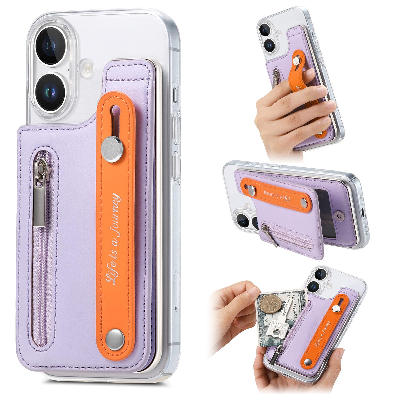 

CY2 For iPhone 16 Case Wristband Leather+PC Zipper Pocket Phone Cover RFID Blocking Purple