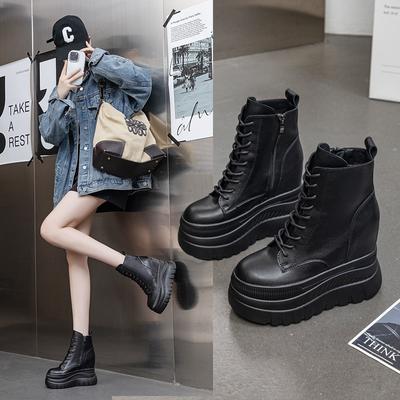 Super High Heel Lace-up Martin Boots Short Boots Women's 2025 Autumn and Winter New Thick-soled 12 Cm Height Increase Simple Women's Boots
