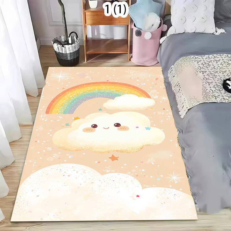 Cute Cartoon Theme Carpet Mat Rug Home Decoration Sun Rainbow Cloud Pattern Pink Background Floor Decor Kids Room