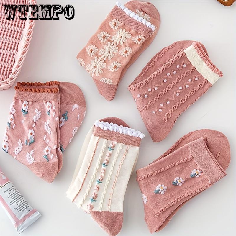 6 Paar Kniestrümpfe für Damen, mit Blumenprägung, Polyester- und Elastan-Mischgewebe, Strickstoff, handwaschbar – süße rosa modische Socken bis zur Mitte der Wade