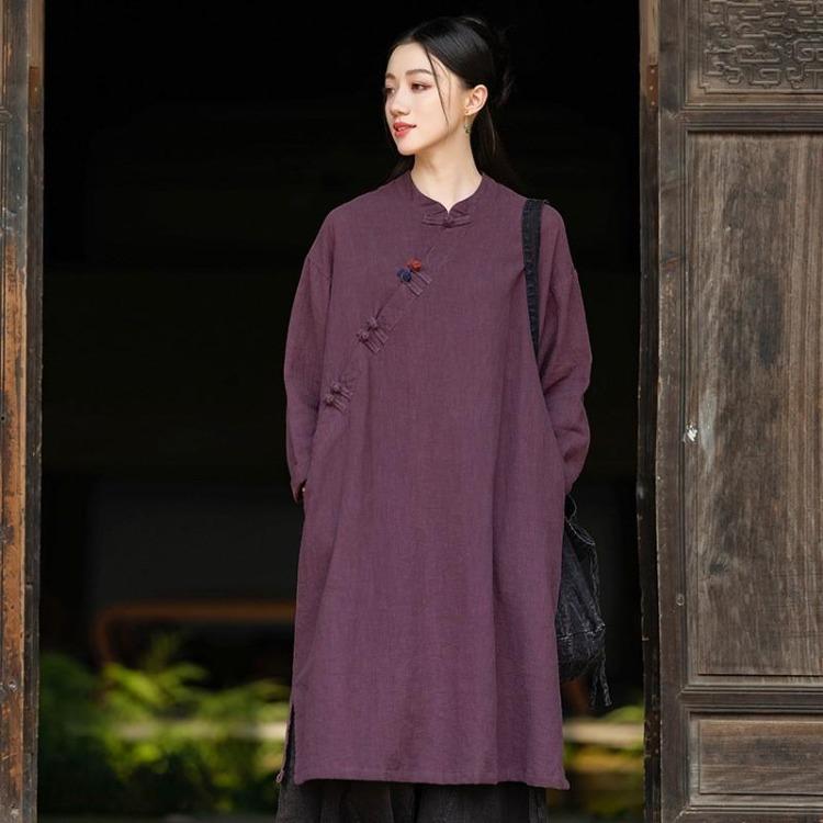 

Chinese Style Vintage Autumn Dress A-Line Long Sleeve Button Cloths Solid Color Women Stand Dress One Size фиолетовый