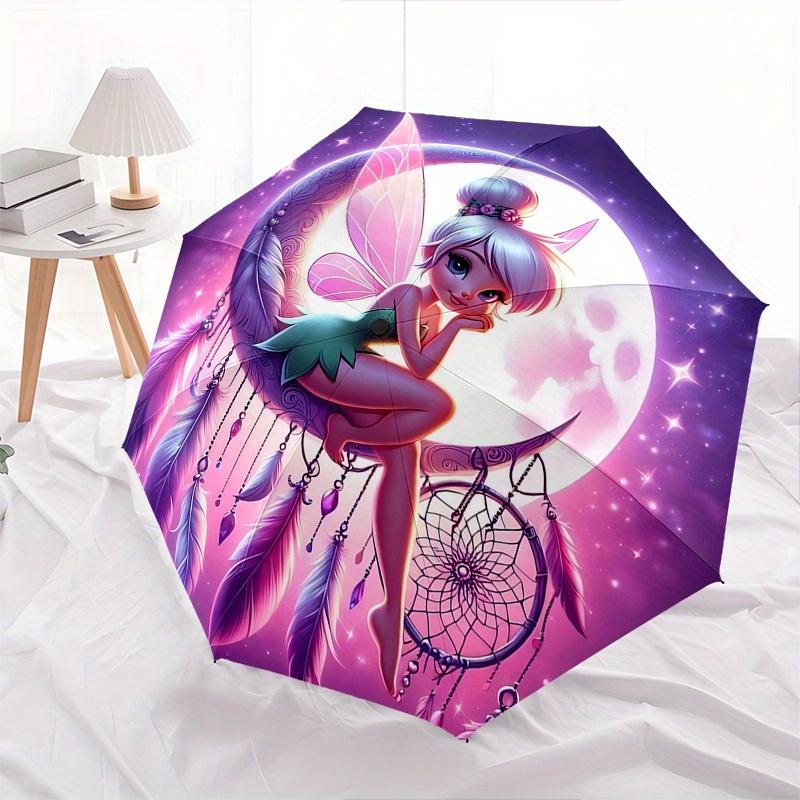 Disney Tinker Bell Moon Automatic Open/Close Umbrella - Cute Umbrella with Cute Design, Portable 3-Fold Compact Umbrella for Men & Women, Va