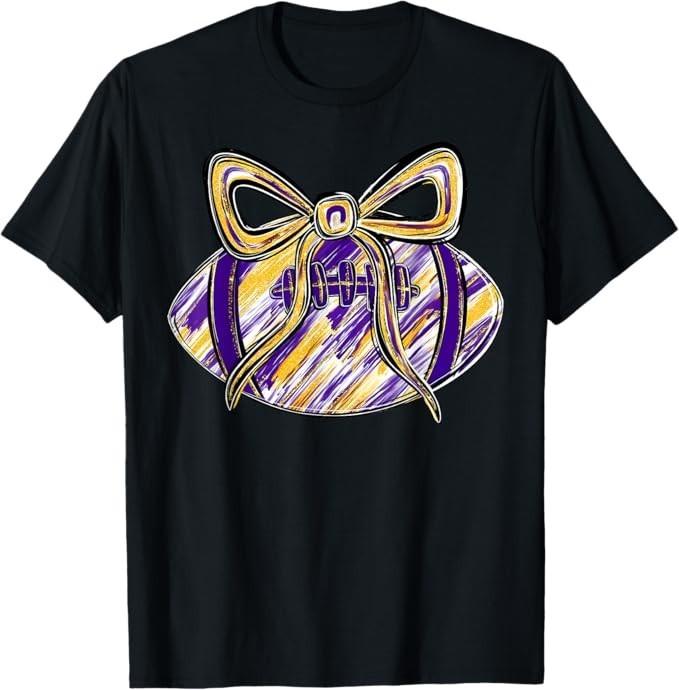 

Purple Yellow Gold Football Coquette Bow Touchdown Season T-Shirt L