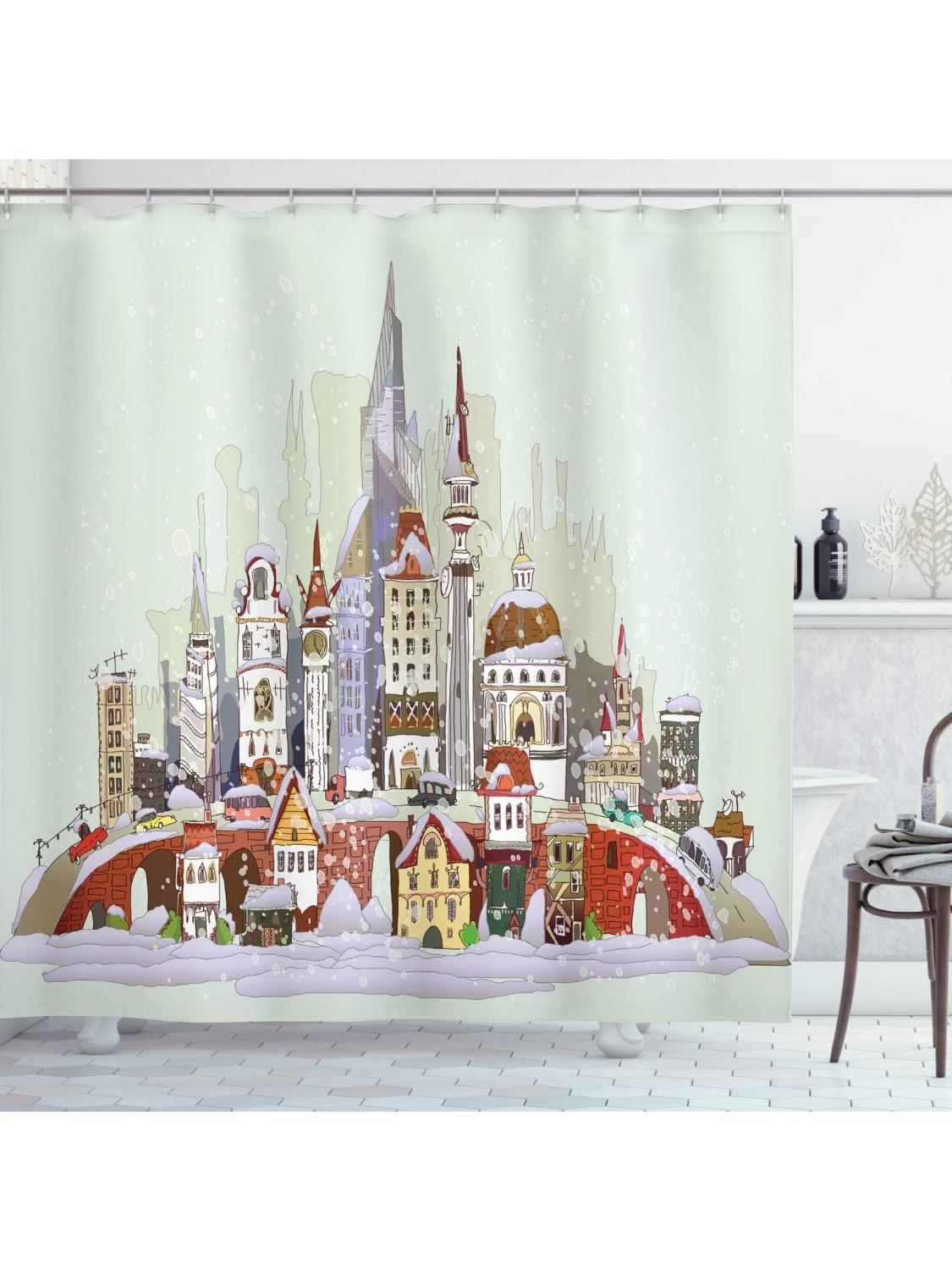

Christmas Shower Curtain, Noel in The City Xmas Background Yule Holiday Traditional Winter Scenery, Cloth Fabric Bathroom Decor 90x180CM