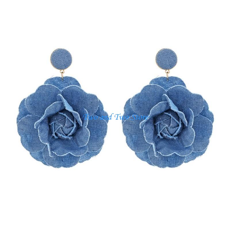 HX6F Dainty Flower Dangle Earrings Handmade Rose Flower Earrings Denims Floral Exaggerate Earrings Ornament for Women Girls CN