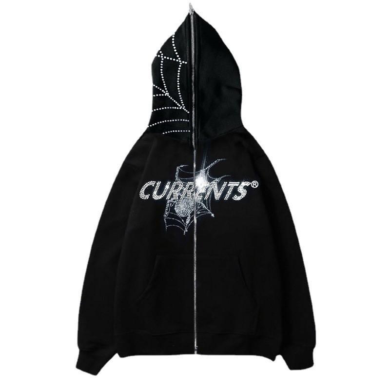 Y2K Hooded Zip-Up Sweatshirt With Rhinestone Embellishment Streetwear Oversized Womens Casual Hip Hop Jacket