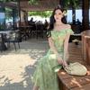 French Temperament New Small Flying Sleeves Green Floral Dress 2026 Summer Slightly Fat Gentle Vacation Dress Skirt