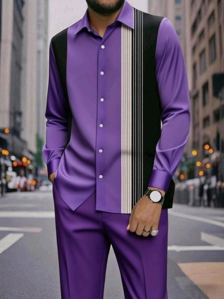 Slim-Fit-Freizeithemd und -hose für Herren mit langen Ärmeln und Streifenmuster