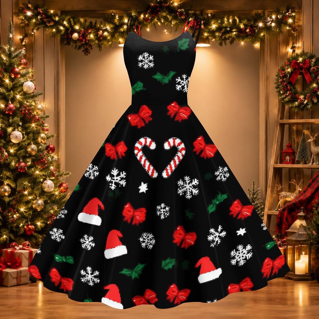 Women's Christmas Print Off-Shoulder Sexy Retro Party Dress for Holiday Celebration