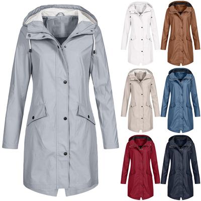 Womens Lightweight Hooded Windbreaker Jacket Outdoor Hiking Coat Mid-Length 7 Colors 6 Sizes