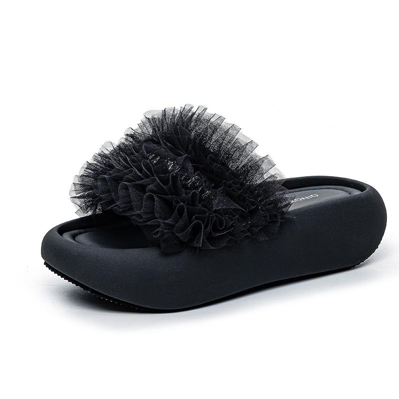 Netzstoff Dicksohlige Kühle Hausschuhe Damen Lässig Mode Spitze Kante Netz Strass Tragen Damen Sandalen