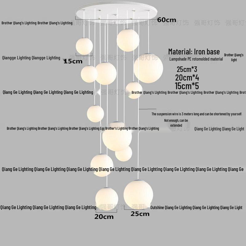 Minimalist Rotating Stair Chandelier: Irregular Long Duplex Pendant with Large Round Ball in Cream