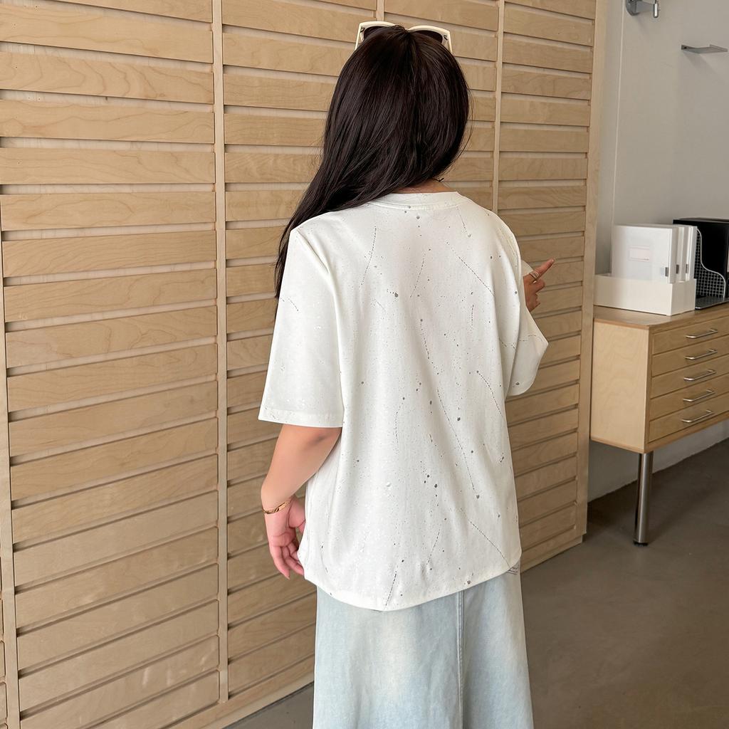 Large size women's slim crew neck T-shirt 2026 spring silver design American short-sleeved top 224103