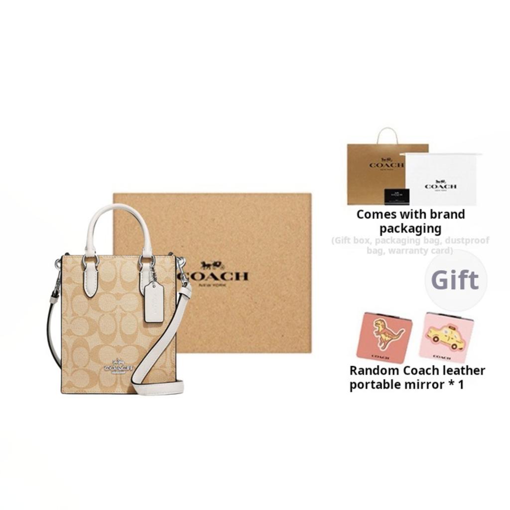Coach N/S 17 Gold Logo Plaque Classic Jacquard Hardware Coated Canvas And Leather Tote Shopping Crossbody Handbag Mini Women Tote Brown CJ494-SIGHA