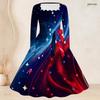 Plus Size Women Square Neck Long Sleeve Dress With Belt Dark Cosmic Galaxy Planet Golden Brush Print Swing Dress